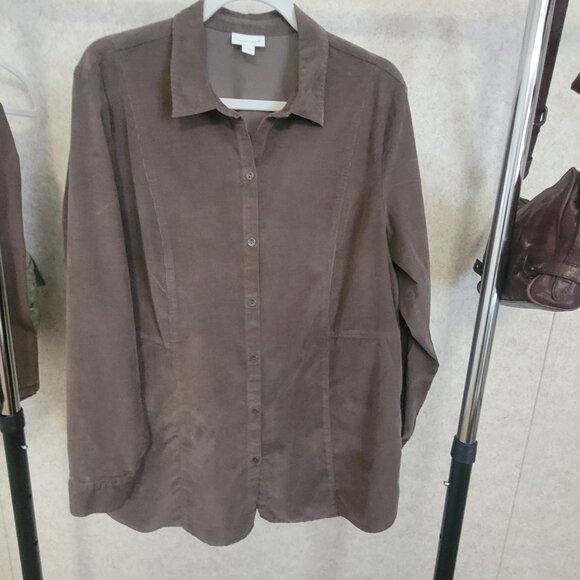 J Jill Mini Corduroy Brown Button Long Sleeve Shirt Size L - Picture 1 of 15